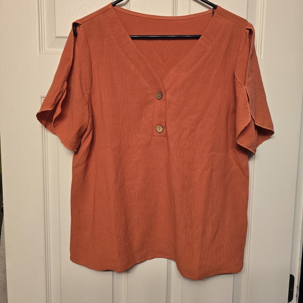 SHEIN Orange V-Neck Blouse with Button Detail